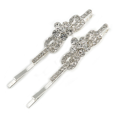 Pair Of Clear Crystal 'Daisy' Hair Slides In Rhodium Plating - 55mm Length - main view
