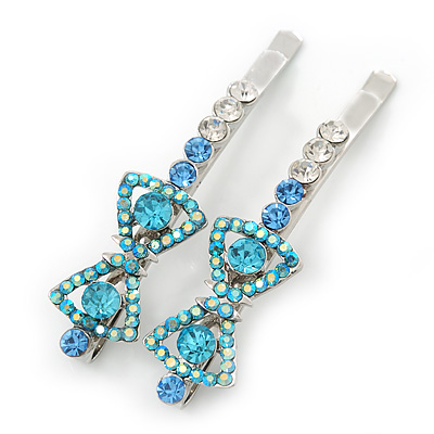 Pair Of Clear/Sky Blue/ AB Swarovski Crystal 'Bow' Hair Slides In Rhodium Plating - 60mm Length - main view