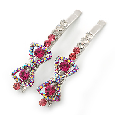 Pair Of Fuchsia/Pink/ AB Swarovski Crystal 'Bow' Hair Slides In Rhodium Plating - 60mm Length - main view
