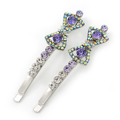 Pair Of Clear/ Purple Swarovski Crystal 'Bow' Hair Slides In Rhodium Plating - 60mm Length