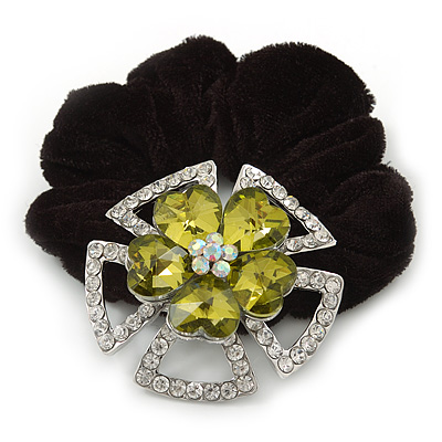 Large Layered Rhodium Plated Swarovski Crystal 'Flower' Pony Tail Black Hair Scrunchie - Olive Green/ Clear/ AB