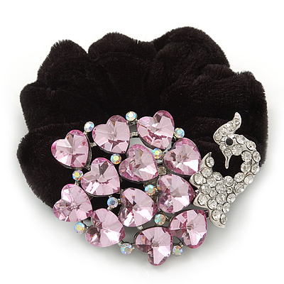 Large Rhodium Plated Crystal Peacock Pony Tail Black Hair Scrunchie - Pink/ Clear - main view