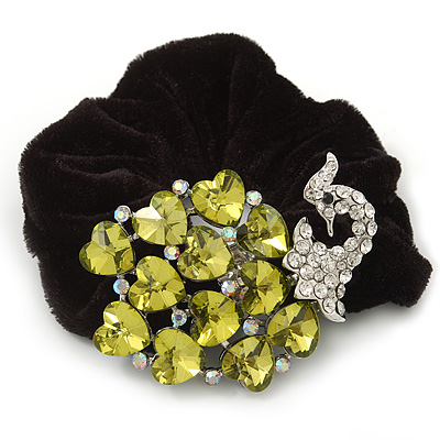 Large Rhodium Plated Crystal Peacock Pony Tail Black Hair Scrunchie - Olive/Light Green - main view