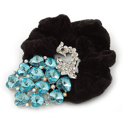 Large Rhodium Plated Crystal Peacock Pony Tail Black Hair Scrunchie - Light Blue/ Clear - main view