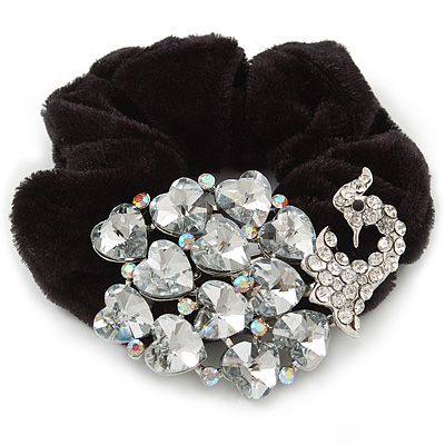 Large Rhodium Plated Crystal Peacock Pony Tail Black Hair Scrunchie - Clear - main view