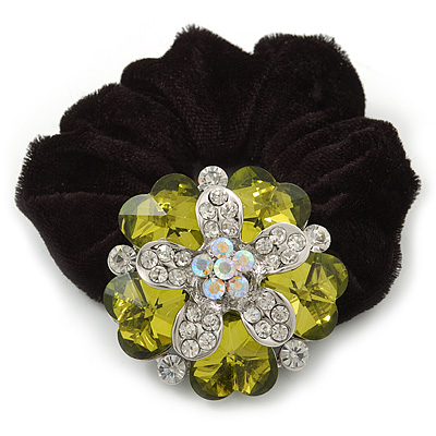 Large Layered Rhodium Plated Crystal Flower Pony Tail Black Hair Scrunchie - Olive Green/ Clear/ AB