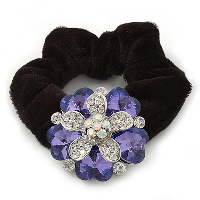 Large Layered Rhodium Plated Crystal Flower Pony Tail Black Hair Scrunchie - Violet/ Clear/ AB - main view