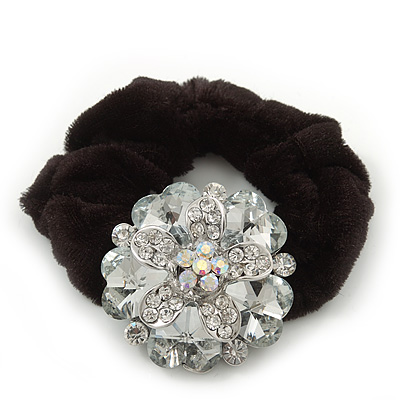 Large Layered Rhodium Plated Crystal Flower Pony Tail Black Hair Scrunchie - Clear/ AB