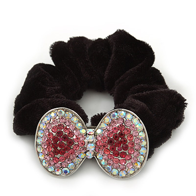 Large Rhodium Plated Crystal Bow Pony Tail Black Hair Scrunchie - Pink/ Clear - main view