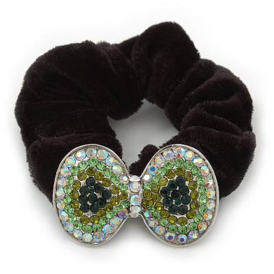 Large Rhodium Plated Crystal Bow Pony Tail Black Hair Scrunchie - Green/Clear - main view