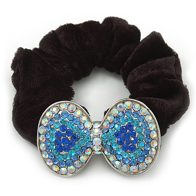 Large Rhodium Plated Crystal Bow Pony Tail Black Hair Scrunchie - Light Blue/Clear