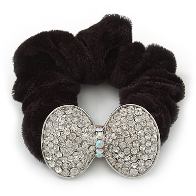 Large Rhodium Plated Crystal Bow Pony Tail Black Hair Scrunchie - Clear - main view