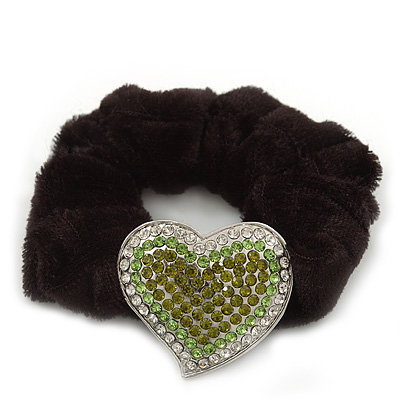 Rhodium Plated Swarovski Crystal Classic 'Heart' Pony Tail Black Hair Scrunchie - Clear/ Green/ Olive - main view