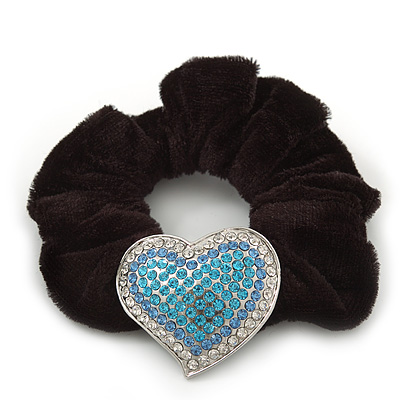 Rhodium Plated Swarovski Crystal Classic 'Heart' Pony Tail Black Hair Scrunchie - Clear/ Azure/ Light Blue - main view