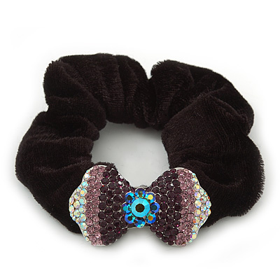 Rhodium Plated Swarovski Crystal 'Bow' Pony Tail Black Hair Scrunchie - Amethyst/ Purple/ AB - main view
