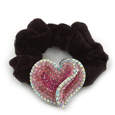 Rhodium Plated Swarovski Crystal Crinkle'Heart' Pony Tail Black Hair Scrunchie - AB/ Pink