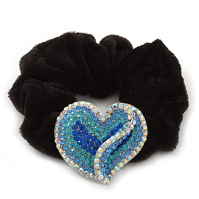Rhodium Plated Swarovski Crystal Crinkle 'Heart' Pony Tail Black Hair Scrunchie - AB/ Blue - main view