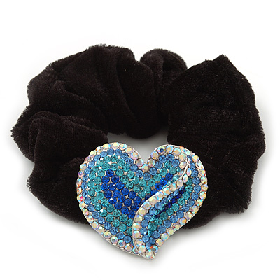 Rhodium Plated Swarovski Crystal Crinkle 'Heart' Pony Tail Black Hair Scrunchie - AB/ Blue