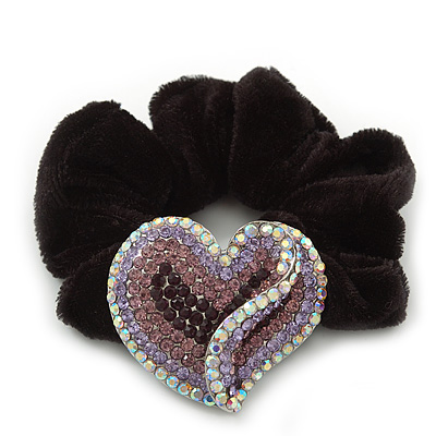 Rhodium Plated Swarovski Crystal Crinkle 'Heart' Pony Tail Black Hair Scrunchie - AB/ Purple/ Amethyst
