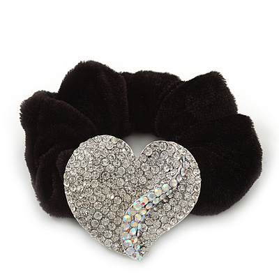 Rhodium Plated Swarovski Crystal Crinkle 'Heart' Pony Tail Black Hair Scrunchie - AB/ Clear - main view