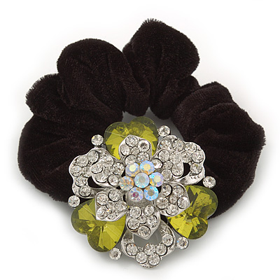 Large Layered Rhodium Plated Swarovski Crystal Rose Flower Pony Tail Black Hair Scrunchie - Olive Green/ Clear/ AB - main view