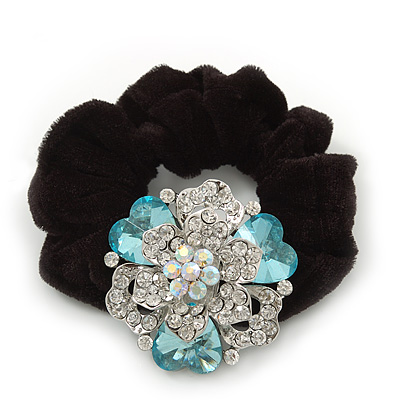 Large Layered Rhodium Plated Swarovski Crystal Rose Flower Pony Tail Black Hair Scrunchie - Light Blue/ Clear/ AB - main view