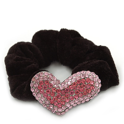 Rhodium Plated Swarovski Crystal 'Asymmetrical Heart' Pony Tail Black Hair Scrunchie - Light Pink/ Fuchsia - main view