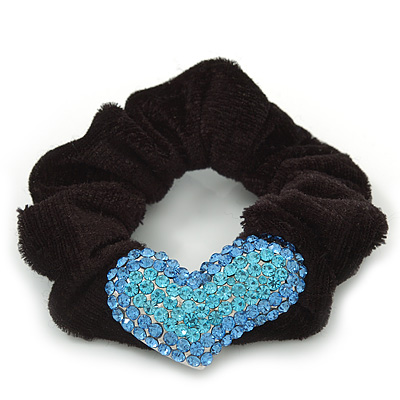 Rhodium Plated Swarovski Crystal 'Asymmetrical Heart' Pony Tail Black Hair Scrunchie - Light Blue - main view