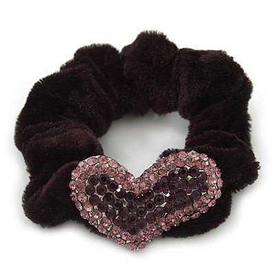 Rhodium Plated Swarovski Crystal 'Asymmetrical Heart' Pony Tail Black Hair Scrunchie - Amethyst/ Deep Purple - main view