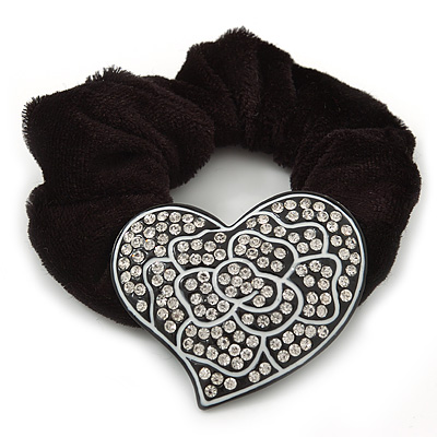 Large Swarovski Crystal Classic 'Heart' Pony Tail Black Hair Scrunchie - Clear