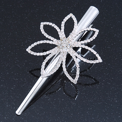 Bridal/ Prom/ Wedding Rhodium Plated Clear Crystal Open Flower Hair Beak Clip/ Concord Clip - 12cm Length - main view