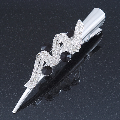 Silver Plated Clear/ Black Austrian Crystal Ribbon Hair Beak Clip/ Concord Clip - 13cm Length - main view