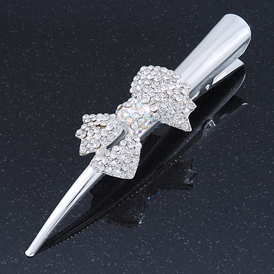 Bridal/ Prom/ Wedding Silver Tone Clear Crystal Bow  Hair Beak Clip/ Concord Clip - 13cm Length - main view