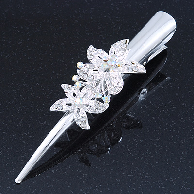 Bridal/ Prom/ Wedding Rhodium Plated Clear, AB Crystal Double Flower Hair Beak Clip/ Concord Clip - 13cm Length