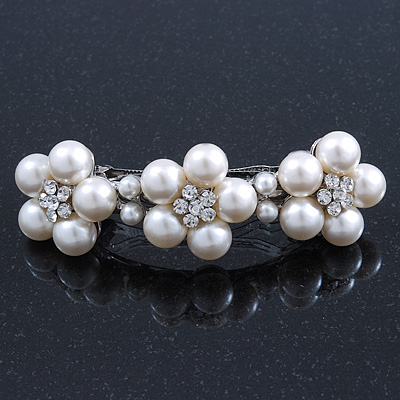 Large Bridal Wedding Prom Silver Tone Crystal Simulated Pearl 'Triple Flower' Barrette Hair Clip Grip - 10cm Across - main view