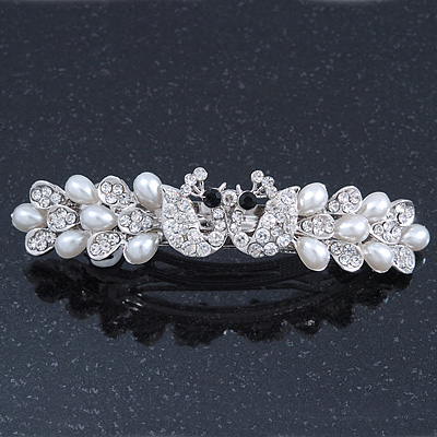 Bridal Wedding Prom Silver Tone Simulated Pearl Crystal 'Love Birds' Barrette Hair Clip Grip - 90mm Width - main view