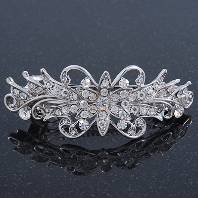 Bridal Wedding Prom Silver Tone Diamante 'Flower' Barrette Hair Clip Grip - 80mm Across