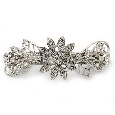 Bridal Wedding Prom Silver Tone Filigree Diamante 'Flowers & Leaves' Barrette Hair Clip Grip - 85mm Across