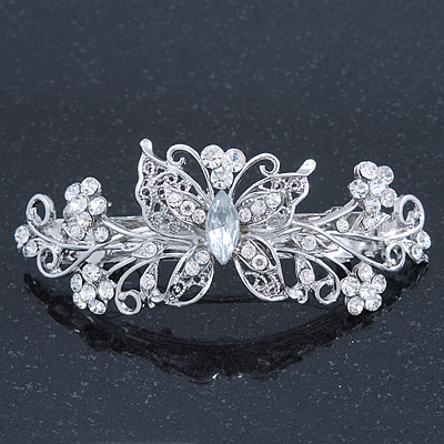 85mm Across Avalaya Bridal Wedding Prom Silver Tone Diamante Daisy Flower Barrette Hair Clip Grip