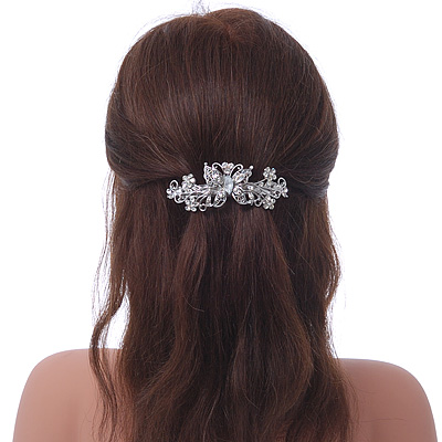 90mm Across Avalaya Bridal Wedding Prom Silver Tone Pave-Set Diamante Contemporary Bow Barrette Hair Clip Grip 