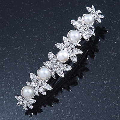 Bridal Wedding Prom Silver Tone Simulated Pearl Diamante 'Butterfly' Barrette Hair Clip Grip - 85mm Across - main view
