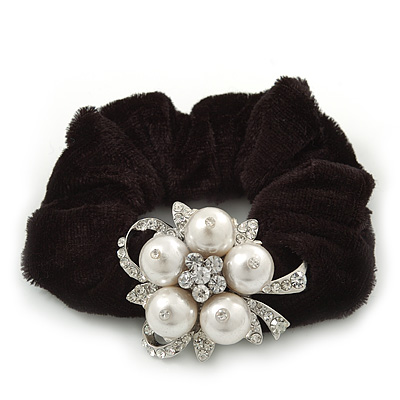 Rhodium Plated Crystal Simulated Pearl 'Flower' Pony Tail Black Hair Scrunchie - White/ Clear - main view