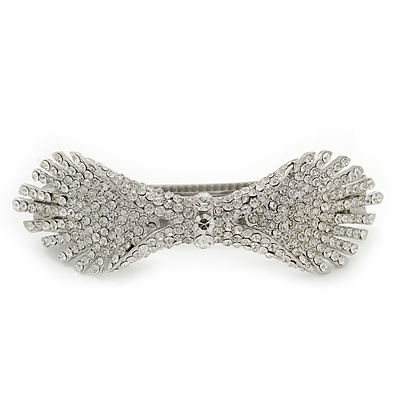 Bridal Wedding Prom Silver Tone Pave-set Diamante 'Contemporary Bow' Barrette Hair Clip Grip - 90mm Across