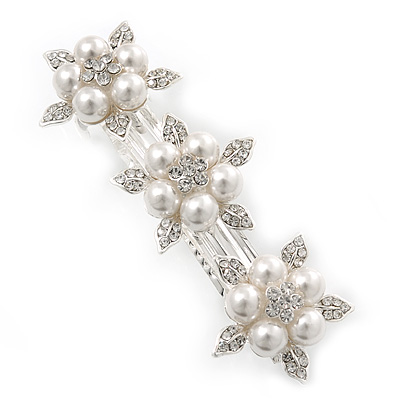 Bridal Wedding Prom Silver Tone Simulated Pearl Diamante 'Triple Flower' Barrette Hair Clip Grip - 80mm Across - main view