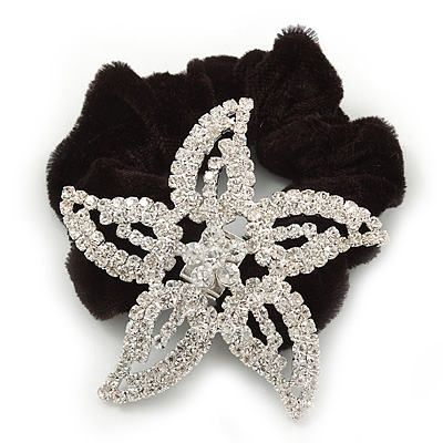 Large Rhodium Plated Swarovski Crystal 'Star' Pony Tail Black Hair Scrunchie - Clea