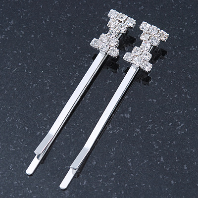 2 Rhodium Plated Clear Crystal 'Bow' Hair Grips/ Slides - 55mm Across - main view