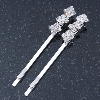 2 Bridal/ Prom Crystal Fancy Hair Grips/ Slides In Rhodium Plating - 55mm Across - main view
