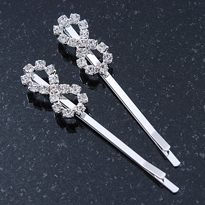 2 Rhodium Plated Clear Crystal 'Infinity' Hair Grips/ Slides - 55mm Across - main view