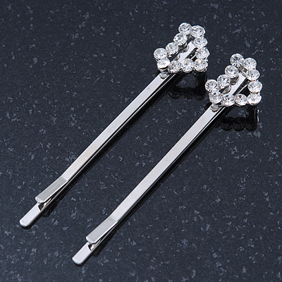 2 Bridal/ Prom Crystal 'Open Heart' Hair Grips/ Slides In Rhodium Plating - 55mm Across