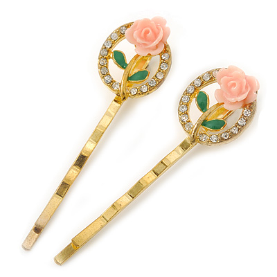 2 Vintage Inspired Crystal 'Rose' Hair Grips/ Slides In Gold Plating - 50mm Across - main view